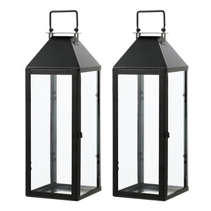 Safavieh Ruane, Matte Black Iron Glass Outdoor Lanterns Geometric Patio Entryway Set of Two PLT4056A-SET2