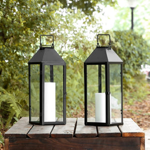 Safavieh Ruane, Matte Black Iron Glass Outdoor Lanterns Geometric Patio Entryway Set of Two PLT4056A-SET2