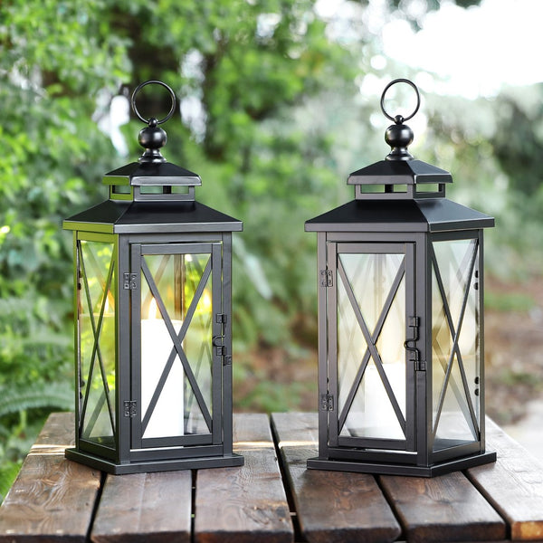 Safavieh LIRIO Elegant Outdoor Lantern Set of 2 - 17.5 Inch Tall Black Iron & Glass for Patios & Gardens PLT4065A-SET2