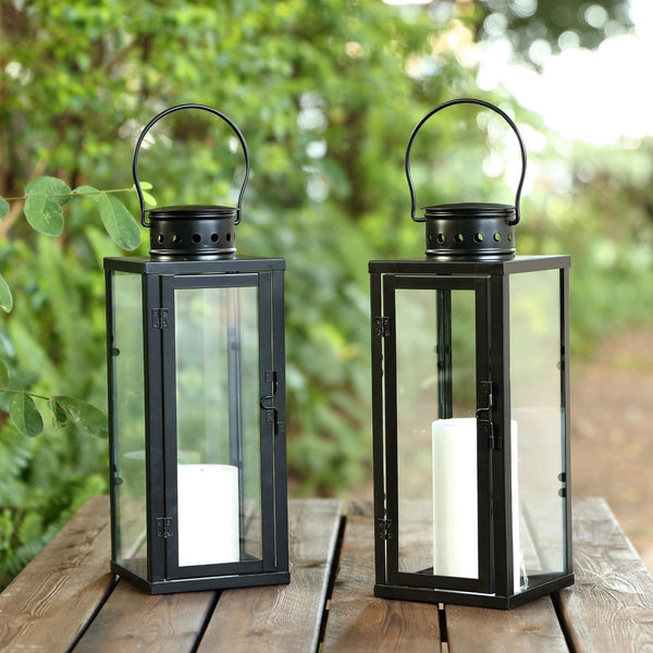 Safavieh LORIENT Small Black Iron & Glass Lantern Set of 2 – 17.75" Tall, Timeless Outdoor Lighting Decor PLT4068A-SET2