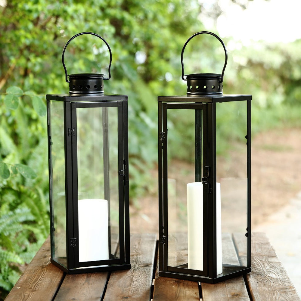 Safavieh LORIENT Large 21.5-Inch Black Iron & Glass Lantern Set of 2 - Elegant Outdoor Ambiance Lighting PLT4069A-SET2