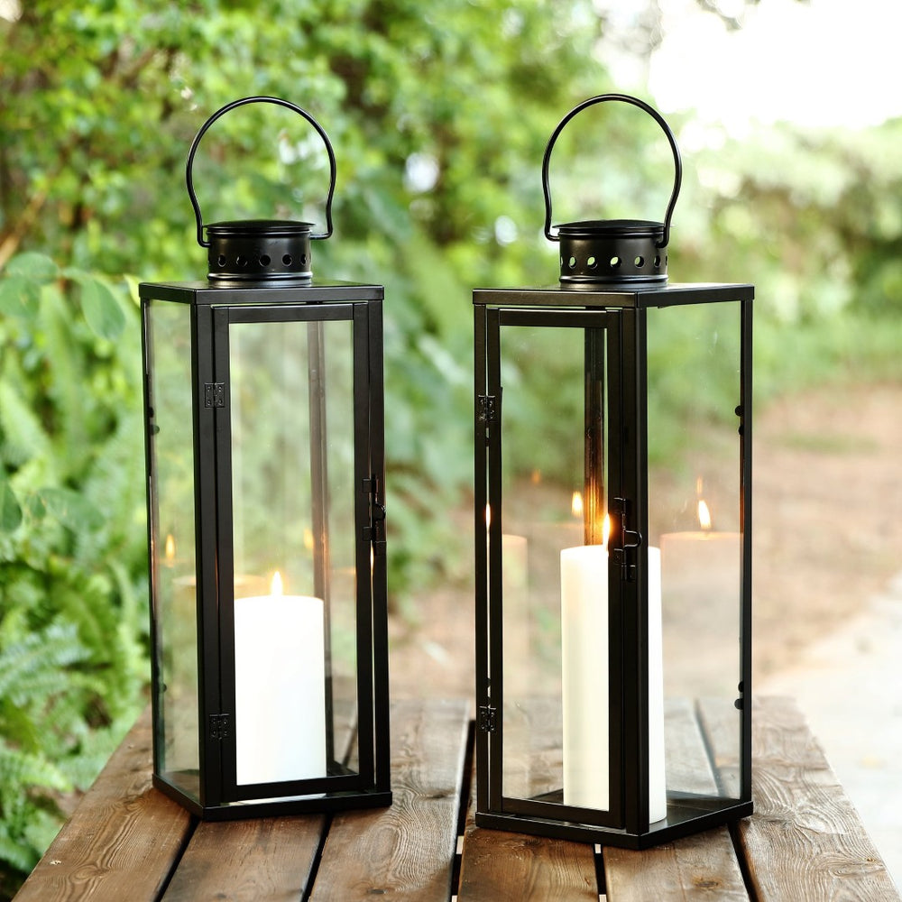 Safavieh LORIENT Large 21.5-Inch Black Iron & Glass Lantern Set of 2 - Elegant Outdoor Ambiance Lighting PLT4069A-SET2