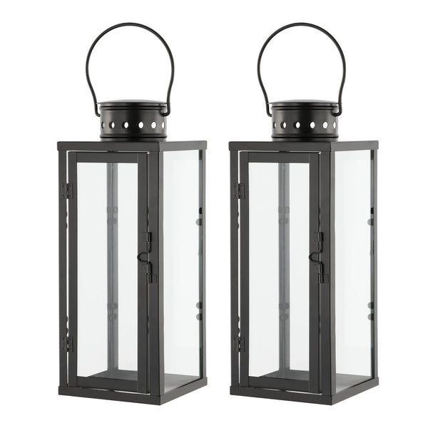 Safavieh LORIENT Large 21.5-Inch Black Iron & Glass Lantern Set of 2 - Elegant Outdoor Ambiance Lighting PLT4069A-SET2