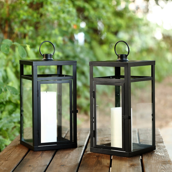 Safavieh FRALEIGH Elegant Black Iron & Glass Outdoor Lantern Set of 2, 16-Inch Tall for Patios & Gardens PLT4073A-SET2