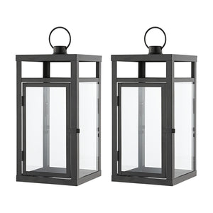 Safavieh FRALEIGH Elegant Black Iron & Glass Outdoor Lantern Set of 2, 16-Inch Tall for Patios & Gardens PLT4073A-SET2