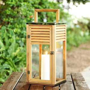 Safavieh ALENNA, Elegant 21.25-Inch Light Brown Wood & Glass Outdoor Lantern for Patios and Gardens PLT4079A