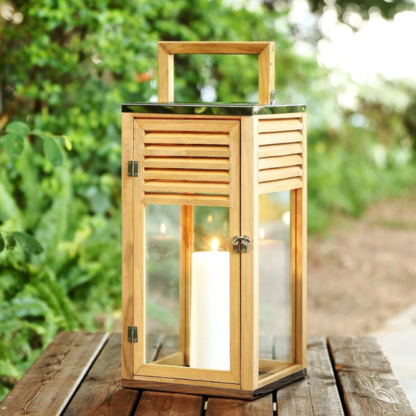 Safavieh ALENNA, Elegant 21.25-Inch Light Brown Wood & Glass Outdoor Lantern for Patios and Gardens PLT4079A