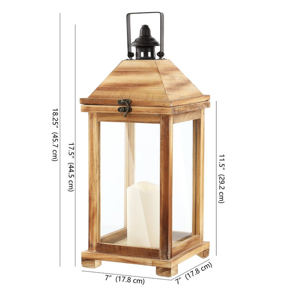Safavieh ELIDA Small 18.25-Inch Tall Light Brown Wood & Glass Outdoor Lantern – Rustic Candle Holder Décor PLT4081A