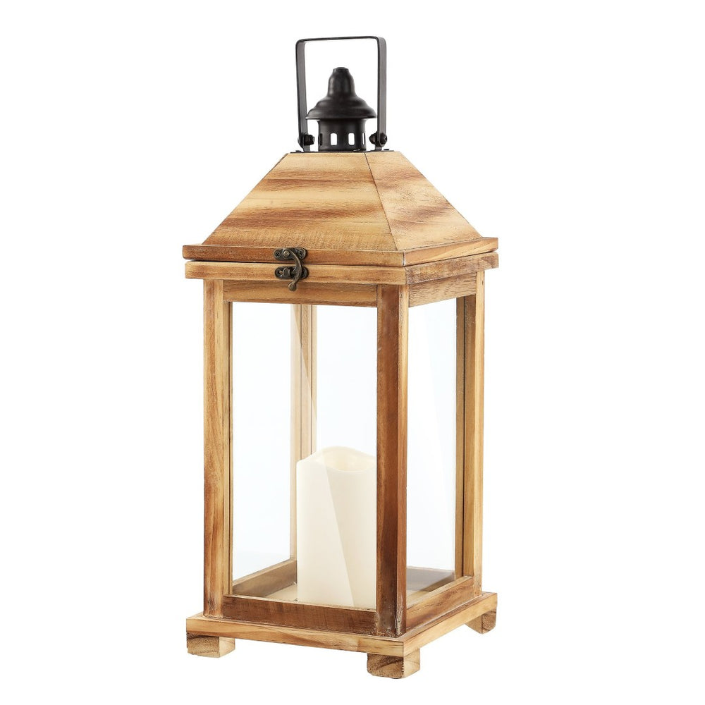 Safavieh ELIDA Small 18.25-Inch Tall Light Brown Wood & Glass Outdoor Lantern – Rustic Candle Holder Décor PLT4081A