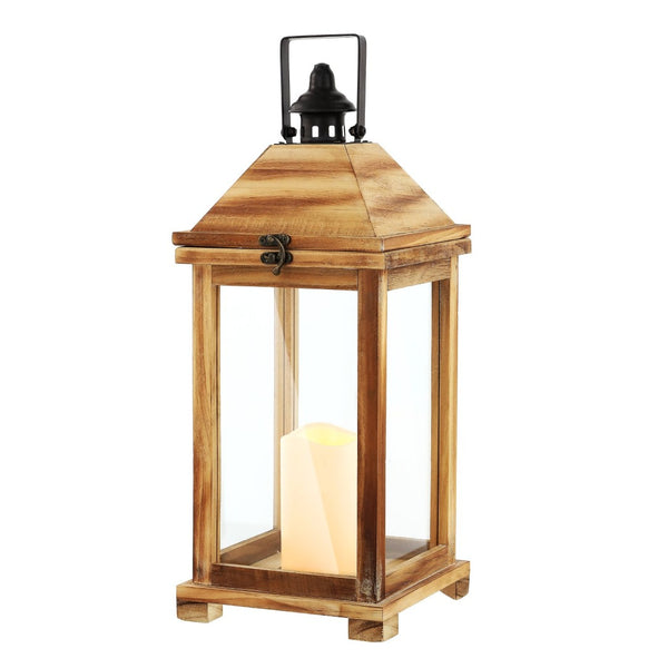 Safavieh ELIDA Small 18.25-Inch Tall Light Brown Wood & Glass Outdoor Lantern – Rustic Candle Holder Décor PLT4081A