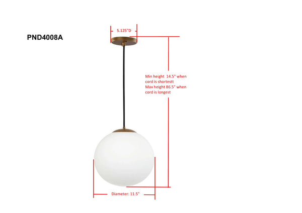 Safavieh NELDA, 11.5-Inch Extendable Pendant Light with Brass Finish & White Glass Shade for Timeless Elegance PND4008A