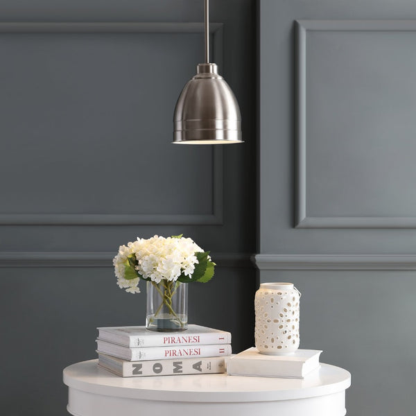 Safavieh RILEY, 8.125” Polished Nickel Extendable Pendant Light for Modern Dining & Living Spaces, Adjustable Height PND4043A
