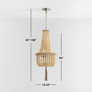 Safavieh WYNNE, Rustic 2-Light Pendant with Adjustable Height, Iron & Wood Bead Design for Cozy Lighting PND4082A