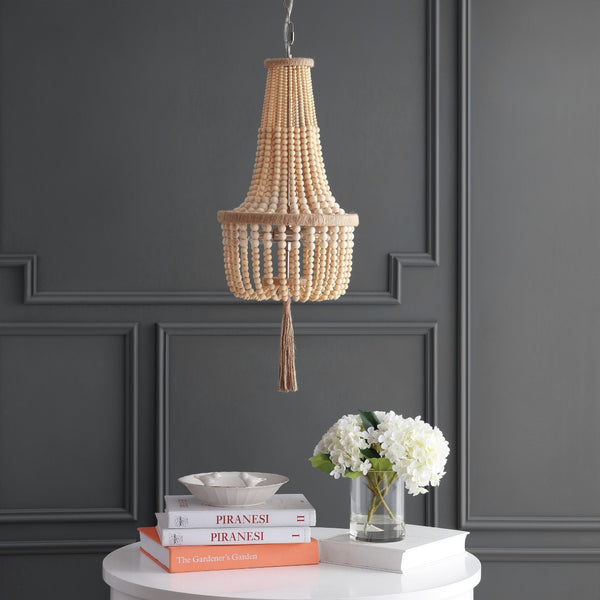 Safavieh WYNNE, Rustic 2-Light Pendant with Adjustable Height, Iron & Wood Bead Design for Cozy Lighting PND4082A