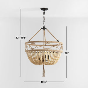 Safavieh WHITLEY, 4-Light Extendable Pendant - Rustic Bronze & Wood Bead Design for Dining & Living Spaces PND4085A