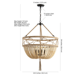 Safavieh WHITLEY, 4-Light Extendable Pendant - Rustic Bronze & Wood Bead Design for Dining & Living Spaces PND4085A