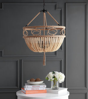 Safavieh WHITLEY, 4-Light Extendable Pendant - Rustic Bronze & Wood Bead Design for Dining & Living Spaces PND4085A