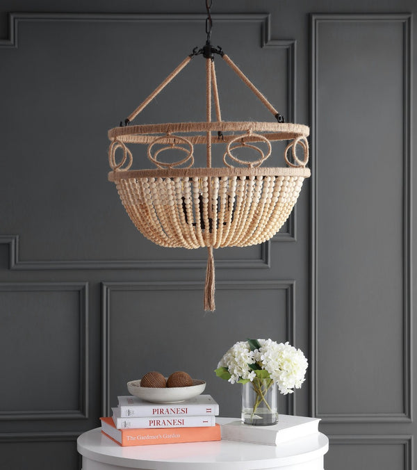 Safavieh WHITLEY, 4-Light Extendable Pendant - Rustic Bronze & Wood Bead Design for Dining & Living Spaces PND4085A