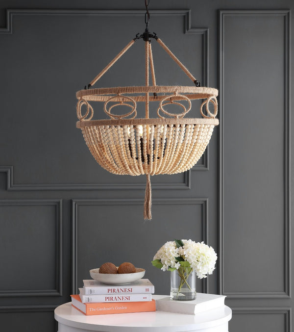 Safavieh WHITLEY, 4-Light Extendable Pendant - Rustic Bronze & Wood Bead Design for Dining & Living Spaces PND4085A