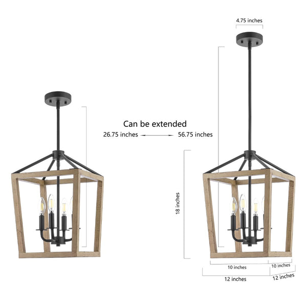 Safavieh VALDIS, VALDIS 4-Light Extendable Pendant - Natural Wood & Black Iron Fixture for Modern Home Interiors PND4096A