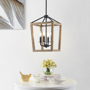Safavieh VALDIS, VALDIS 4-Light Extendable Pendant - Natural Wood & Black Iron Fixture for Modern Home Interiors PND4096A
