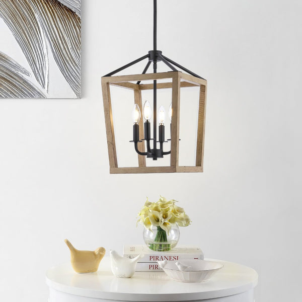 Safavieh VALDIS, VALDIS 4-Light Extendable Pendant - Natural Wood & Black Iron Fixture for Modern Home Interiors PND4096A