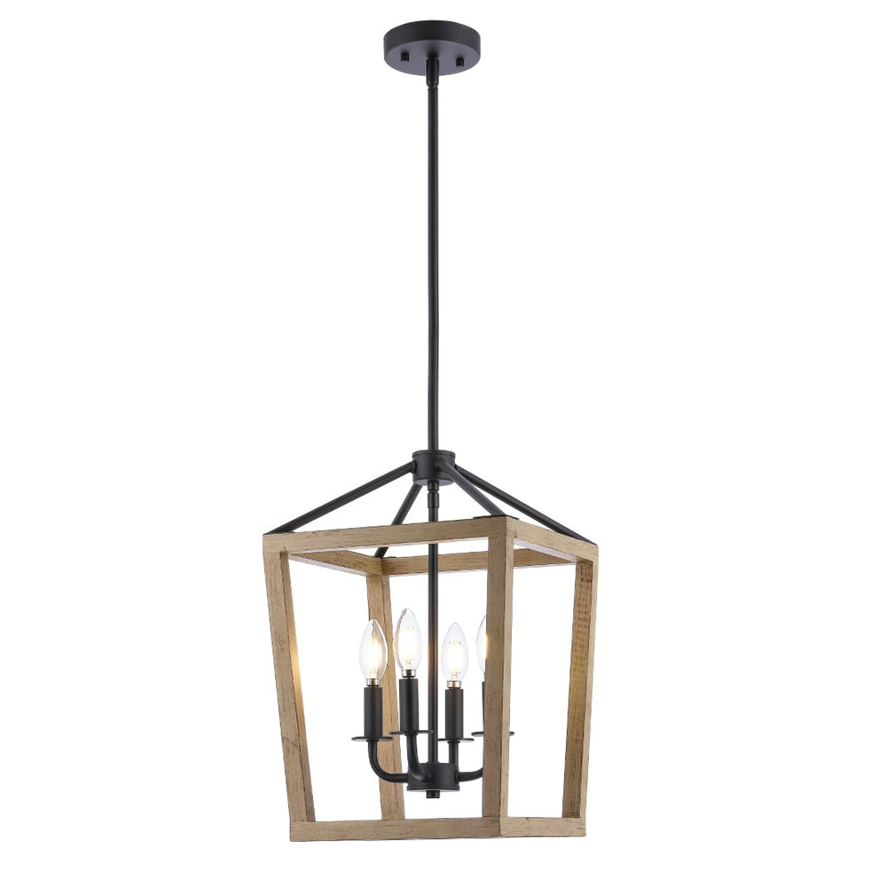 Safavieh VALDIS, VALDIS 4-Light Extendable Pendant - Natural Wood & Black Iron Fixture for Modern Home Interiors PND4096A