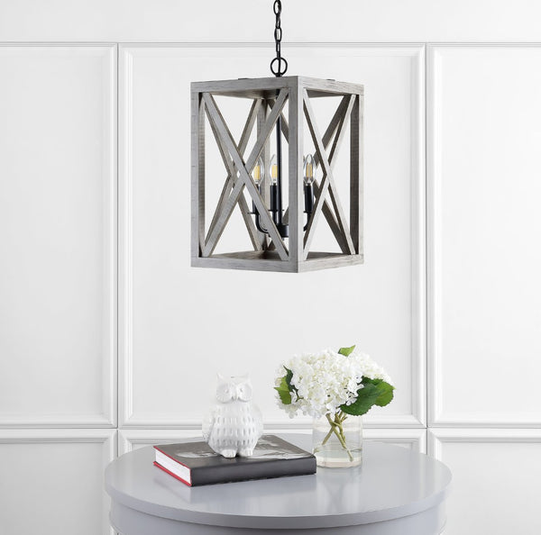 Safavieh RABEA, 3-Light Extendable Pendant - Black Iron & Wood Accent Fixture for Modern Homes & Spaces PND4097A