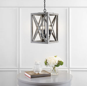 Safavieh RABEA, 3-Light Extendable Pendant - Black Iron & Wood Accent Fixture for Modern Homes & Spaces PND4097A