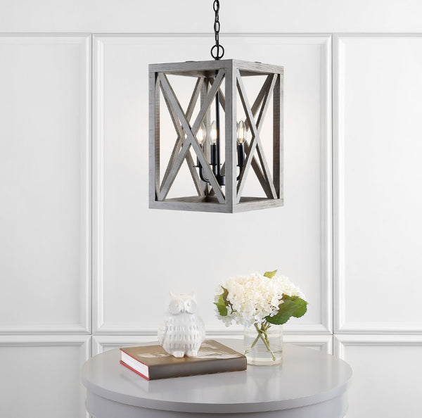 Safavieh RABEA, 3-Light Extendable Pendant - Black Iron & Wood Accent Fixture for Modern Homes & Spaces PND4097A