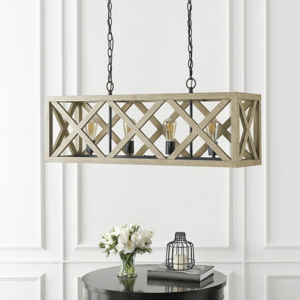 Safavieh SAGAN, 4-Light Extendable Pendant - Natural Wood & Black Iron, Adjustable Height for Stylish Spaces PND4099A