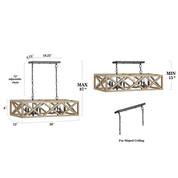Safavieh QUENTIN, 8-Light Extendable Pendant – Black Wood & Iron, Stylish Fixture for Dining & Living Spaces PND4100A
