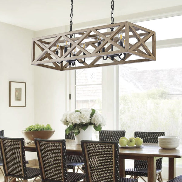 Safavieh QUENTIN, 8-Light Extendable Pendant – Black Wood & Iron, Stylish Fixture for Dining & Living Spaces PND4100A