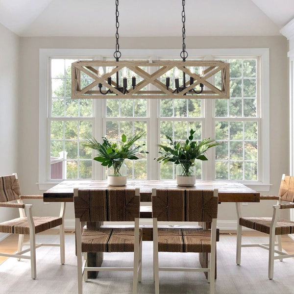 Safavieh QUENTIN, 8-Light Extendable Pendant – Black Wood & Iron, Stylish Fixture for Dining & Living Spaces PND4100A