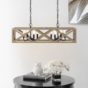 Safavieh QUENTIN, 8-Light Extendable Pendant – Black Wood & Iron, Stylish Fixture for Dining & Living Spaces PND4100A
