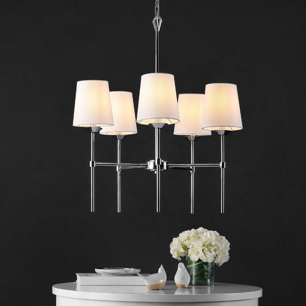 Safavieh DORTRA, Modern 5-Light Extendable Pendant with Chrome Frame & Soft White Fabric Shades for Home PND4118A