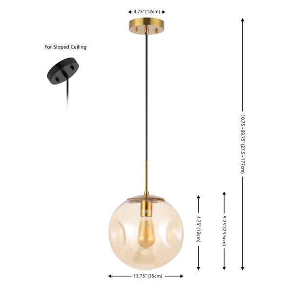 Safavieh CYRIL, 10-Inch Amber Glass Pendant Light with Brass-Finish Iron for Modern & Traditional Spaces PND4145A