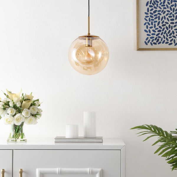 Safavieh CYRIL, 10-Inch Amber Glass Pendant Light with Brass-Finish Iron for Modern & Traditional Spaces PND4145A