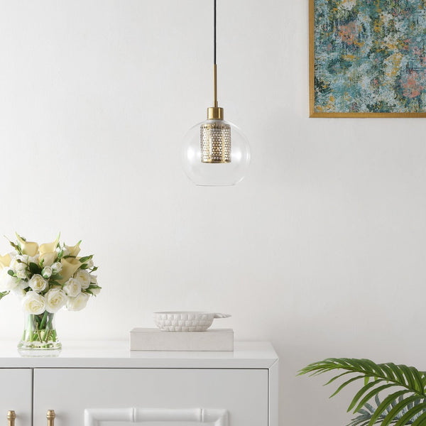 Safavieh TORONTO, Elegant 7.75-Inch Clear Glass & Brass Extendable Pendant Light for Modern Home Décor PND4146A