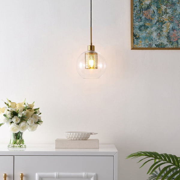 Safavieh TORONTO, Elegant 7.75-Inch Clear Glass & Brass Extendable Pendant Light for Modern Home Décor PND4146A