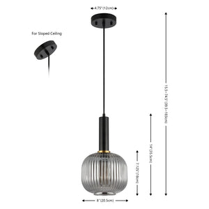 Safavieh RYNNER, 8-Inch Smoke Grey Glass Pendant Light with Black Iron Frame - Adjustable Modern Charm PND4148A