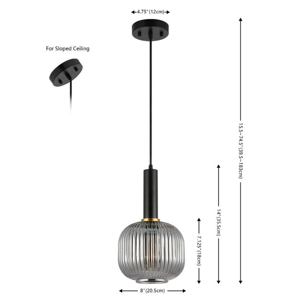Safavieh RYNNER, 8-Inch Smoke Grey Glass Pendant Light with Black Iron Frame - Adjustable Modern Charm PND4148A