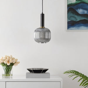 Safavieh RYNNER, 8-Inch Smoke Grey Glass Pendant Light with Black Iron Frame - Adjustable Modern Charm PND4148A