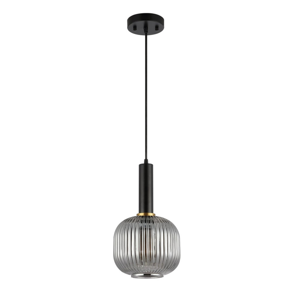 Safavieh RYNNER, 8-Inch Smoke Grey Glass Pendant Light with Black Iron Frame - Adjustable Modern Charm PND4148A