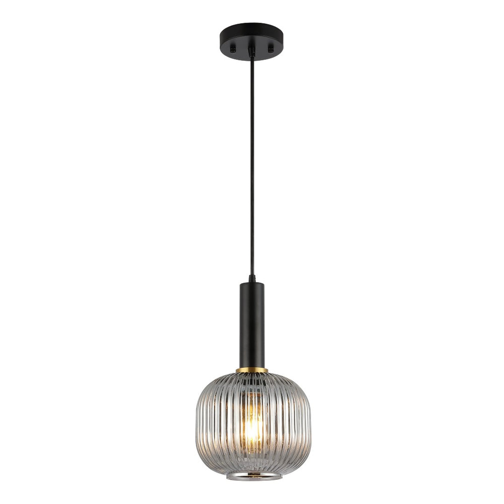Safavieh RYNNER, 8-Inch Smoke Grey Glass Pendant Light with Black Iron Frame - Adjustable Modern Charm PND4148A