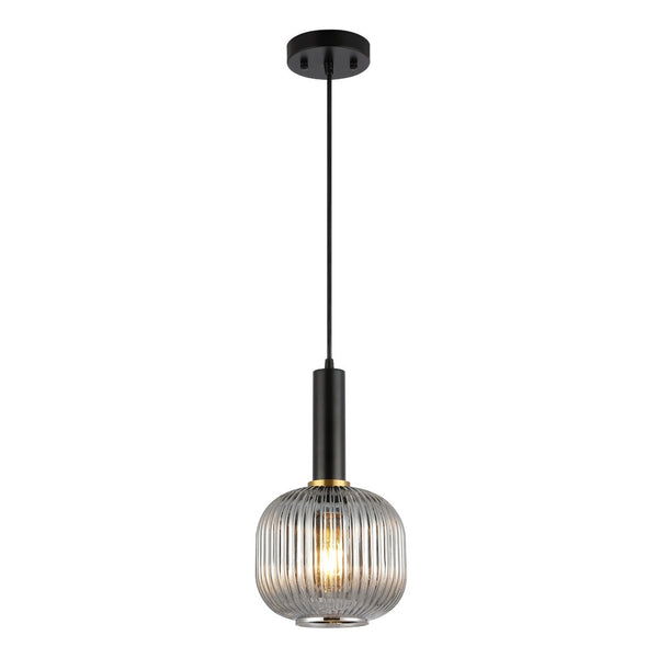 Safavieh RYNNER, 8-Inch Smoke Grey Glass Pendant Light with Black Iron Frame - Adjustable Modern Charm PND4148A