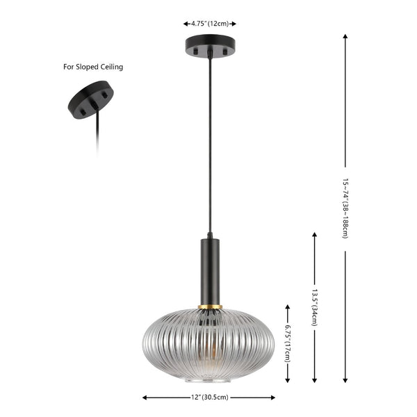 Safavieh ZEON, 12-Inch Smoke Grey Glass & Black Iron Pendant Light for Modern Elegance in Any Space PND4150A