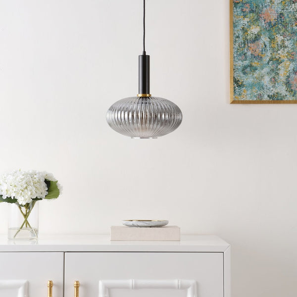 Safavieh ZEON, 12-Inch Smoke Grey Glass & Black Iron Pendant Light for Modern Elegance in Any Space PND4150A