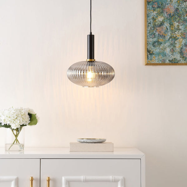 Safavieh ZEON, 12-Inch Smoke Grey Glass & Black Iron Pendant Light for Modern Elegance in Any Space PND4150A