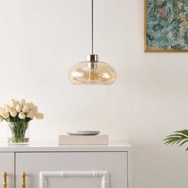 Safavieh JORIE, 11-Inch Amber Glass Pendant Light with Nickel Iron Frame for Modern Home Decor & Cozy Ambiance PND4151A